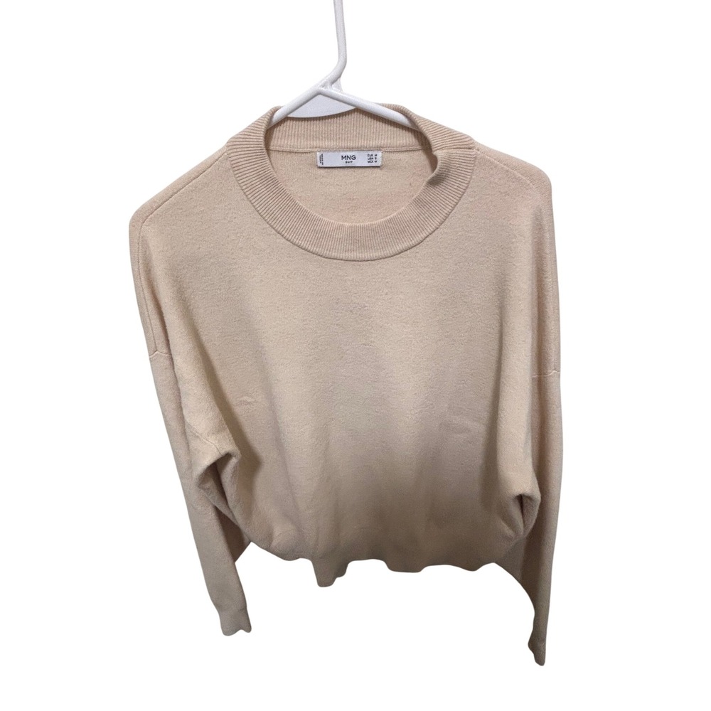 Mango MNG Suit Beige Tan Crewneck Knit Sweater Small Relaxed Cropped Minimalist